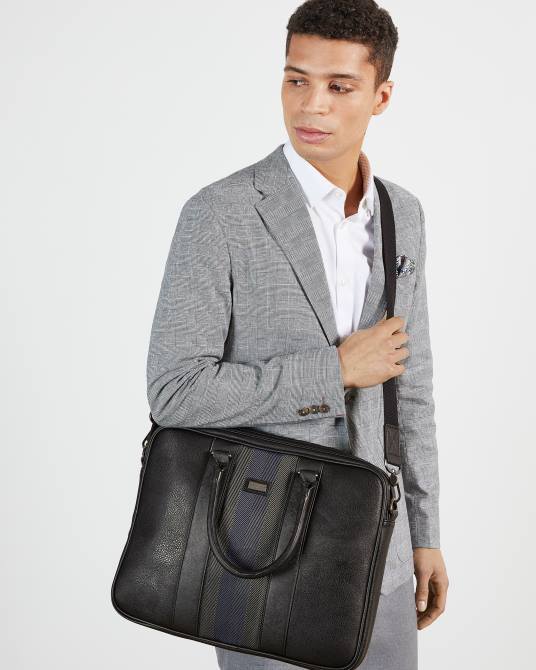 Ted Baker hombres 2ZFP1788 bolsas maletín Cherade de piel con ribetes de rayas negro