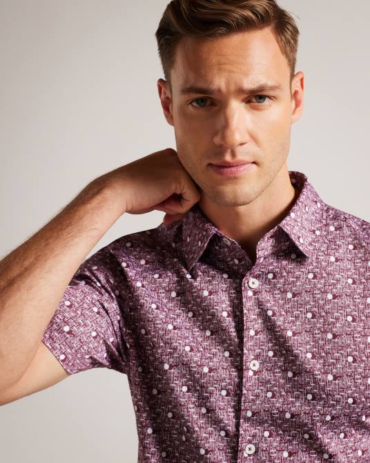 Ted Baker hombres 2ZFP1215 ropa camisa macsho de manga corta con estampado de lunares granate