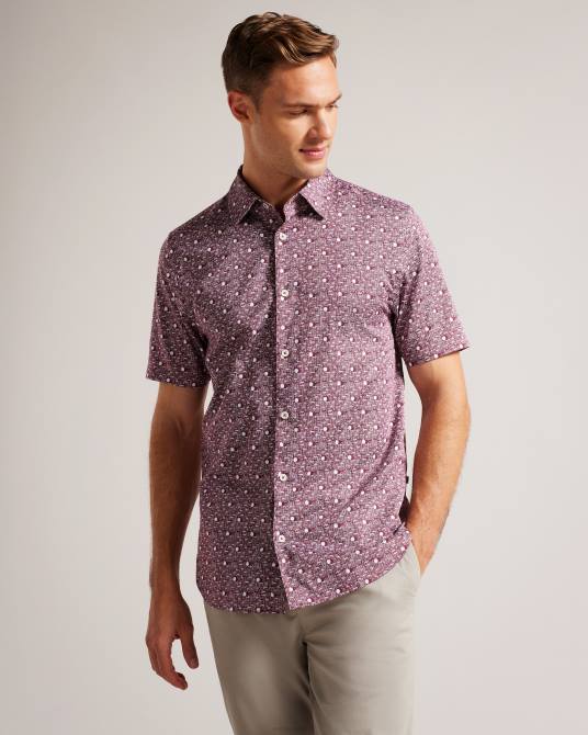 Ted Baker hombres 2ZFP1215 ropa camisa macsho de manga corta con estampado de lunares granate