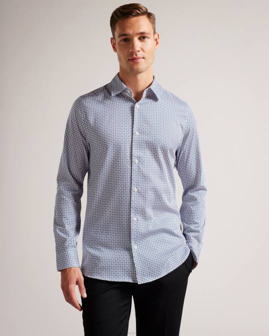 Ted Baker hombres 2ZFP1238 ropa camisa conifur manga larga círculo estampado geométrico azul claro