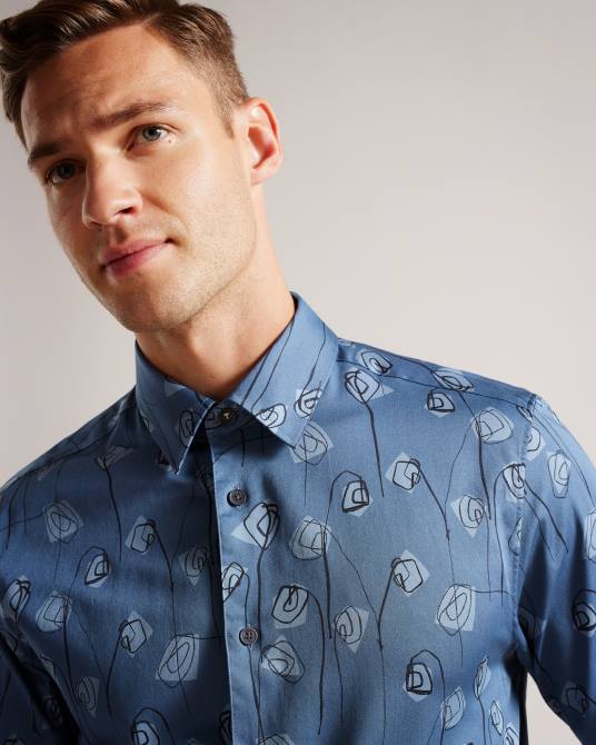 Ted Baker hombres 2ZFP1243 ropa camisa frith de manga larga con estampado de flores azul medio
