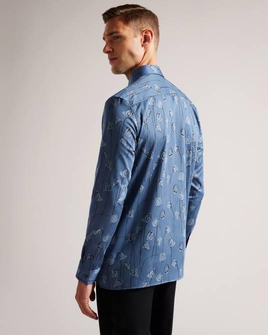 Ted Baker hombres 2ZFP1243 ropa camisa frith de manga larga con estampado de flores azul medio