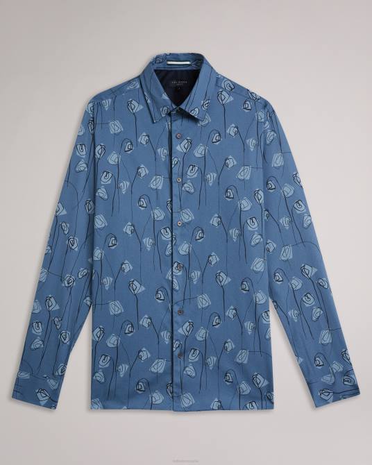 Ted Baker hombres 2ZFP1243 ropa camisa frith de manga larga con estampado de flores azul medio