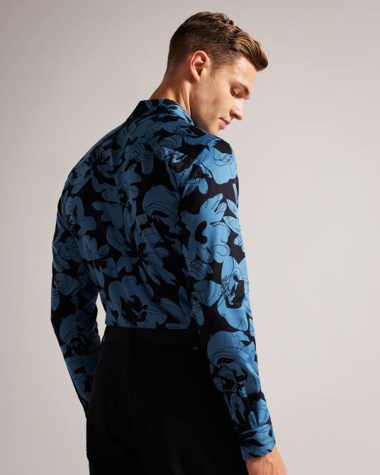 Ted Baker hombres 2ZFP1253 ropa altlo camisa de manga larga con estampado floral azul medio