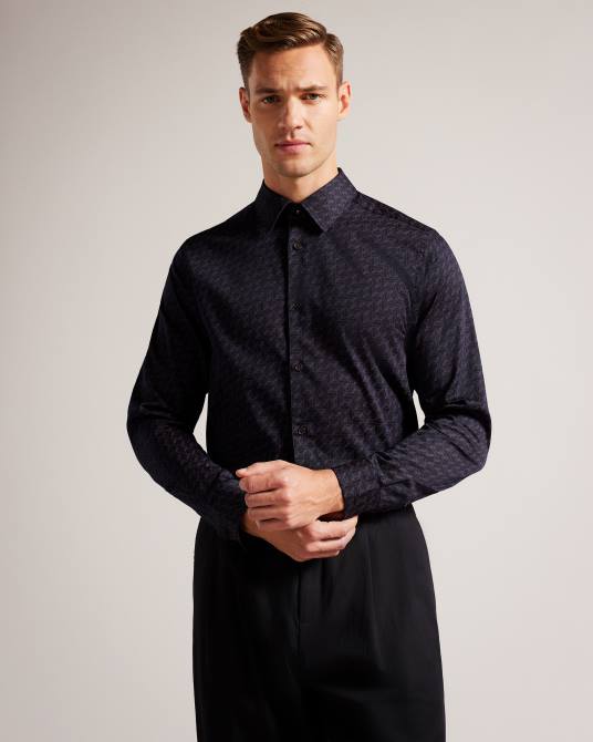 Ted Baker hombres 2ZFP1256 ropa camisa matlock de manga larga con estampado de polillas geométricas Armada