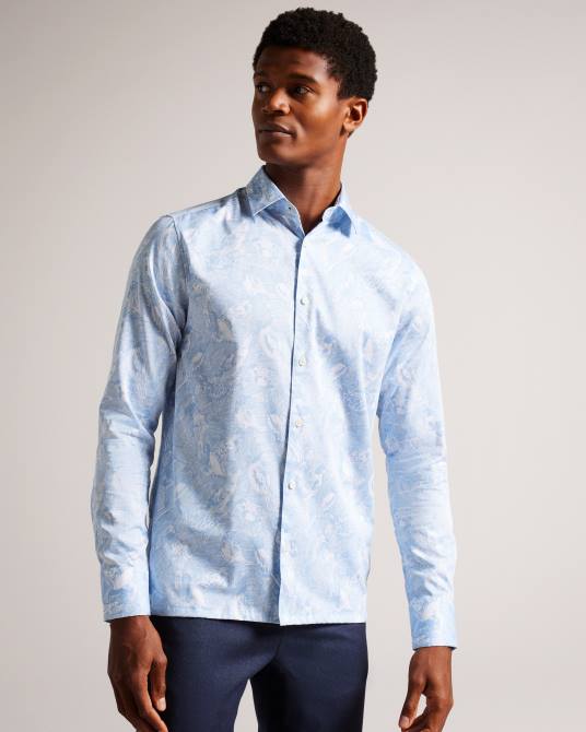 Ted Baker hombres 2ZFP1269 ropa camisa mullen de manga larga con estampado de pájaros dibujados a mano azul claro