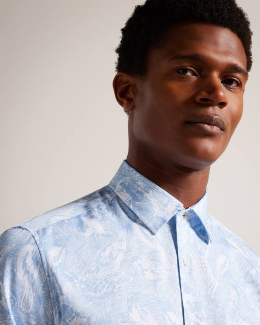 Ted Baker hombres 2ZFP1269 ropa camisa mullen de manga larga con estampado de pájaros dibujados a mano azul claro