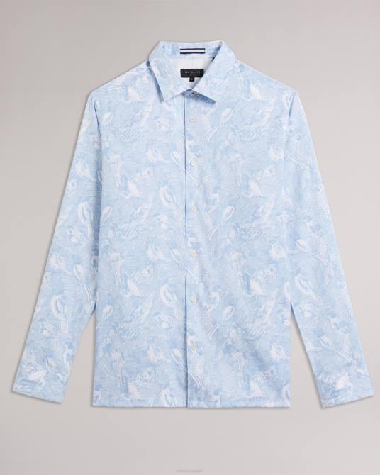 Ted Baker hombres 2ZFP1269 ropa camisa mullen de manga larga con estampado de pájaros dibujados a mano azul claro