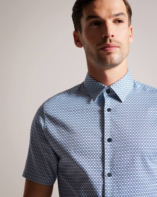 Ted Baker hombres 2ZFP1338 ropa camisa strisho de manga corta con estampado geométrico azul oscuro