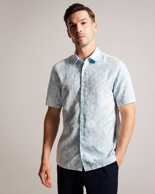 Ted Baker hombres 2ZFP1371 ropa camisa Flaisby de mezcla de lino con estampado floral azul claro