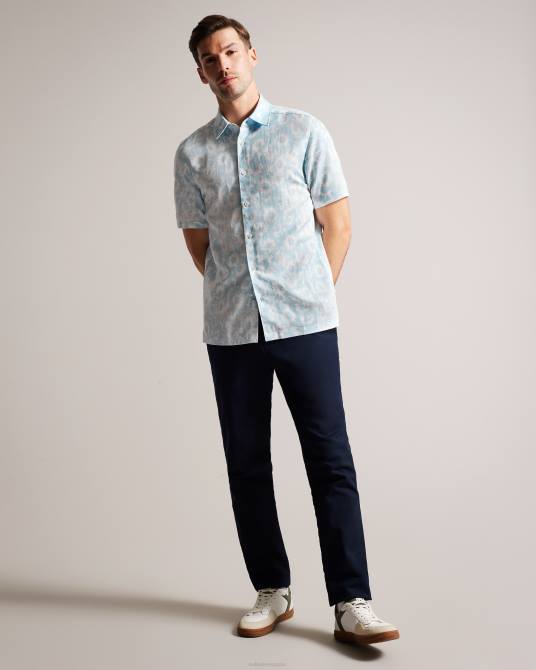 Ted Baker hombres 2ZFP1371 ropa camisa Flaisby de mezcla de lino con estampado floral azul claro