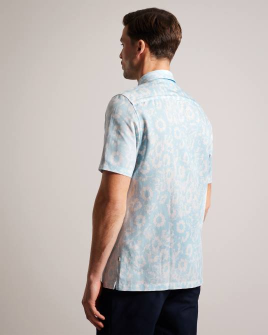 Ted Baker hombres 2ZFP1371 ropa camisa Flaisby de mezcla de lino con estampado floral azul claro