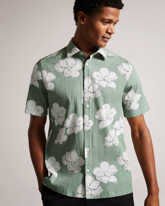 Ted Baker hombres 2ZFP1375 ropa camisa coving de manga corta con estampado floral grande verde claro