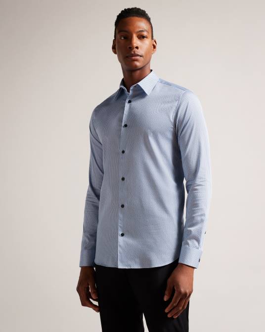Ted Baker hombres 2ZFP1377 ropa camisa de manga larga con diseño geométrico en espiga de Wanson azul pálido