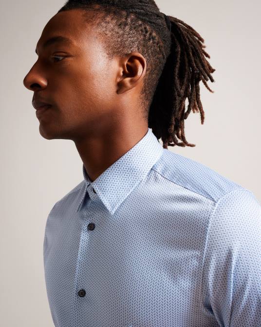 Ted Baker hombres 2ZFP1377 ropa camisa de manga larga con diseño geométrico en espiga de Wanson azul pálido