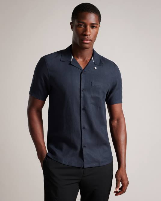 Ted Baker hombres 2ZFP1389 ropa camisa wesland manga corta tencel lino cuello revera Armada
