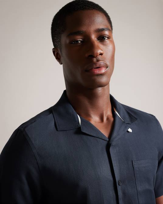 Ted Baker hombres 2ZFP1389 ropa camisa wesland manga corta tencel lino cuello revera Armada