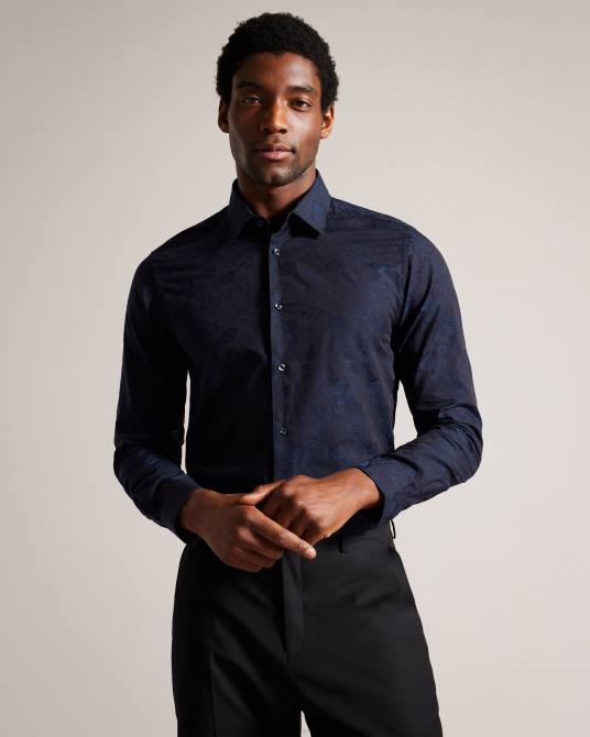 Ted Baker hombres 2ZFP1399 ropa camisa cortas con estampado floral en jacquard Armada