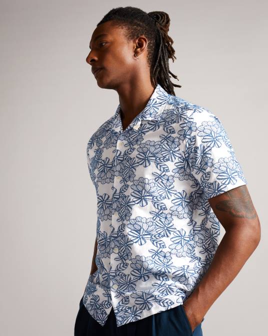 Ted Baker hombres 2ZFP1400 ropa camisa mannor de manga corta con bordado floral blanco