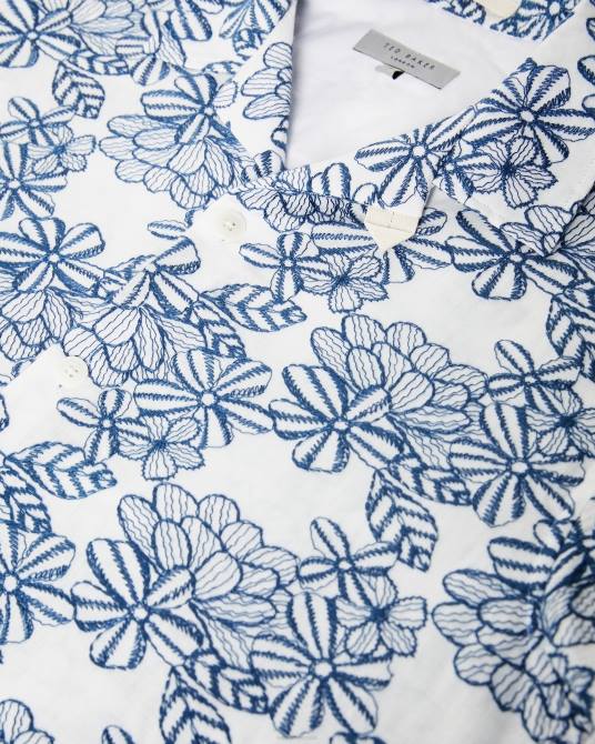 Ted Baker hombres 2ZFP1400 ropa camisa mannor de manga corta con bordado floral blanco
