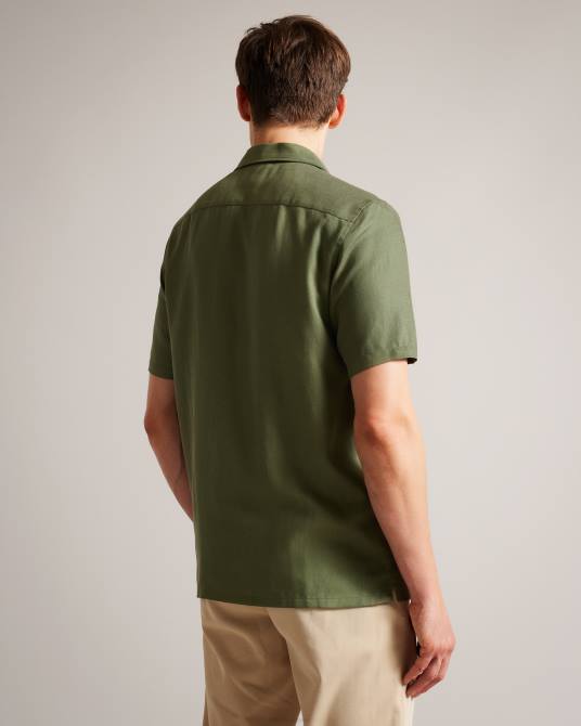 Ted Baker hombres 2ZFP1416 ropa camisa wesland manga corta tencel lino cuello revera aceituna