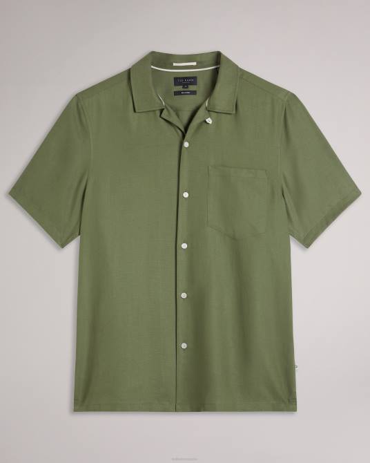 Ted Baker hombres 2ZFP1416 ropa camisa wesland manga corta tencel lino cuello revera aceituna