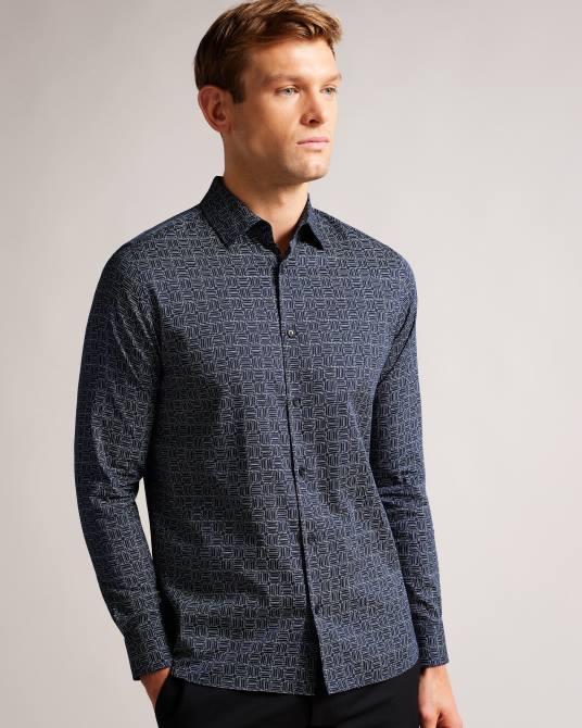 Ted Baker hombres 2ZFP1422 ropa andover camisa de manga larga con estampado geométrico Armada