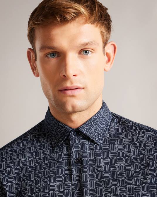 Ted Baker hombres 2ZFP1422 ropa andover camisa de manga larga con estampado geométrico Armada