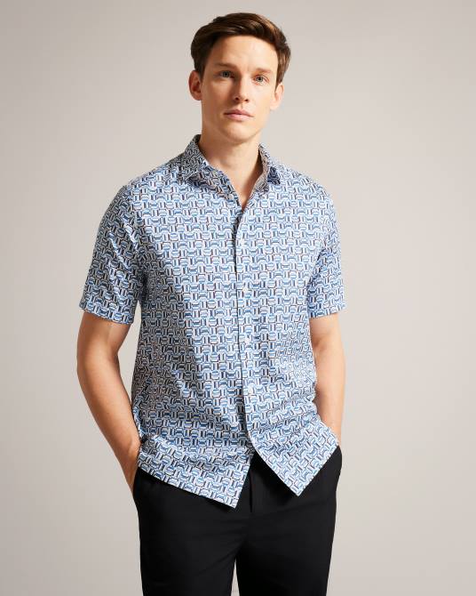 Ted Baker hombres 2ZFP1430 ropa camisa astun de algodón elástico de manga corta azul