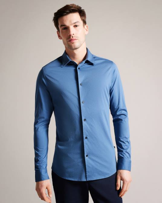 Ted Baker hombres 2ZFP1463 ropa camisa de punto brillante de manga larga marros azul medio