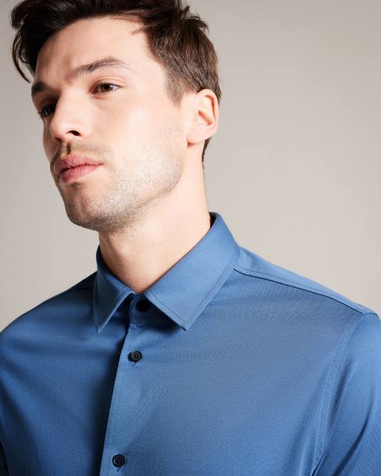 Ted Baker hombres 2ZFP1463 ropa camisa de punto brillante de manga larga marros azul medio