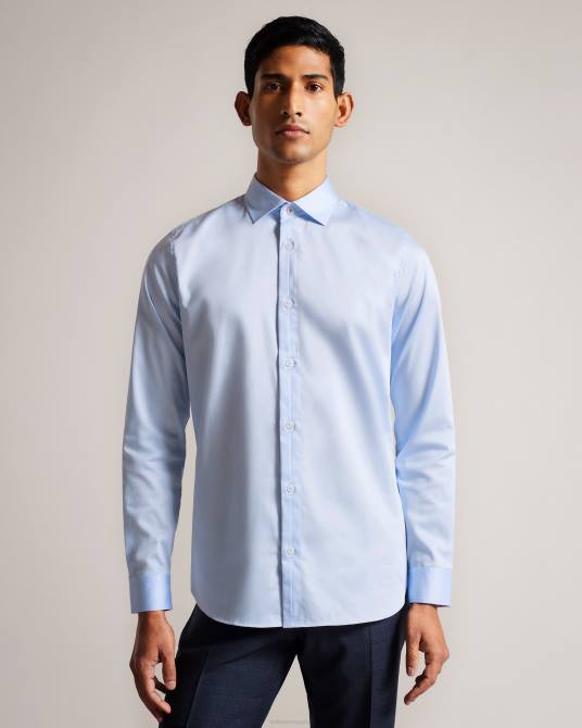 Ted Baker hombres 2ZFP1481 ropa camisa elástica de satén de manga larga con fuelle azul claro