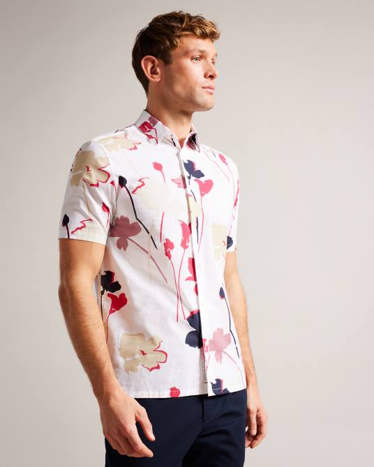 Ted Baker hombres 2ZFP1482 ropa Camisa Rossvil de manga corta con estampado de silueta colorida blanco