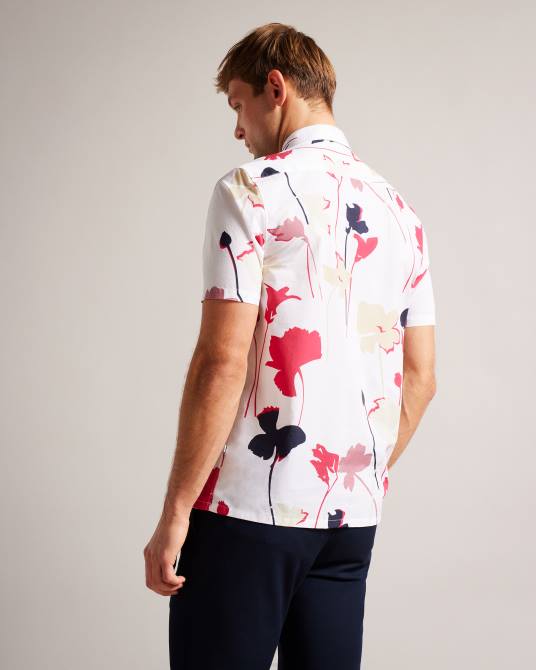 Ted Baker hombres 2ZFP1482 ropa Camisa Rossvil de manga corta con estampado de silueta colorida blanco