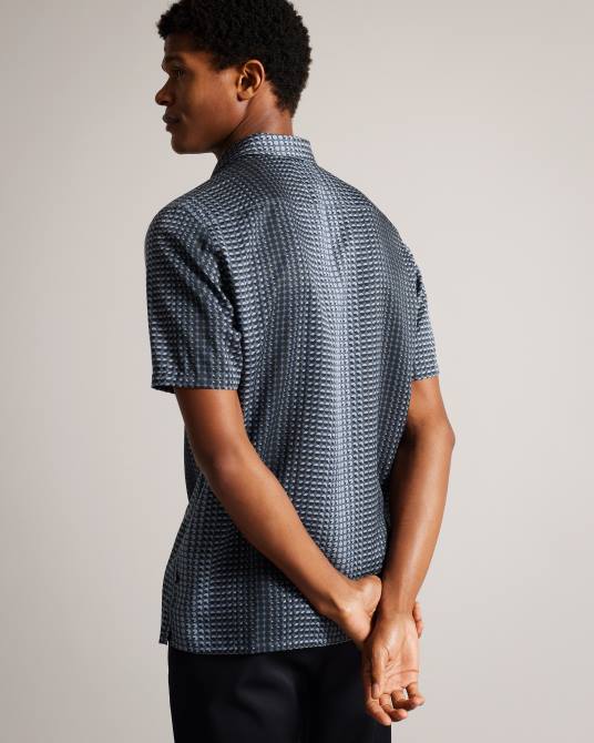 Ted Baker hombres 2ZFP1540 ropa camisa munden de lyocell manga corta con estampado geométrico Armada