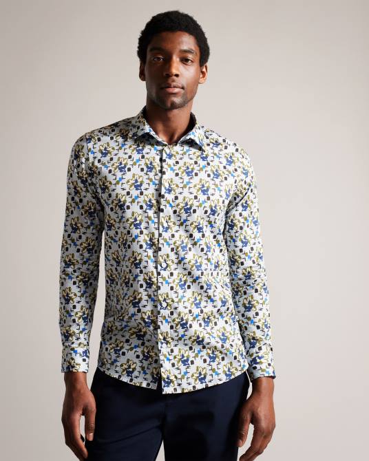 Ted Baker hombres 2ZFP1595 ropa camisa Arigna de manga larga con estampado de magnolia azul pálido