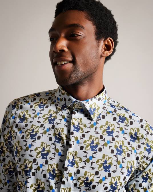 Ted Baker hombres 2ZFP1595 ropa camisa Arigna de manga larga con estampado de magnolia azul pálido