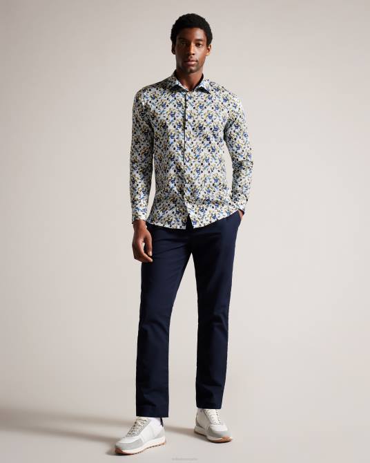 Ted Baker hombres 2ZFP1595 ropa camisa Arigna de manga larga con estampado de magnolia azul pálido