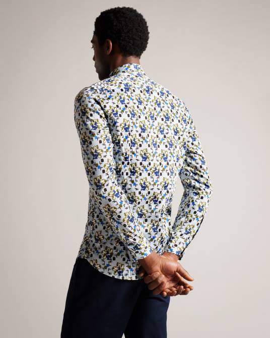 Ted Baker hombres 2ZFP1595 ropa camisa Arigna de manga larga con estampado de magnolia azul pálido