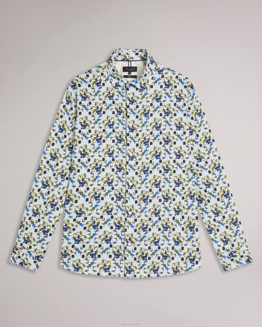 Ted Baker hombres 2ZFP1595 ropa camisa Arigna de manga larga con estampado de magnolia azul pálido