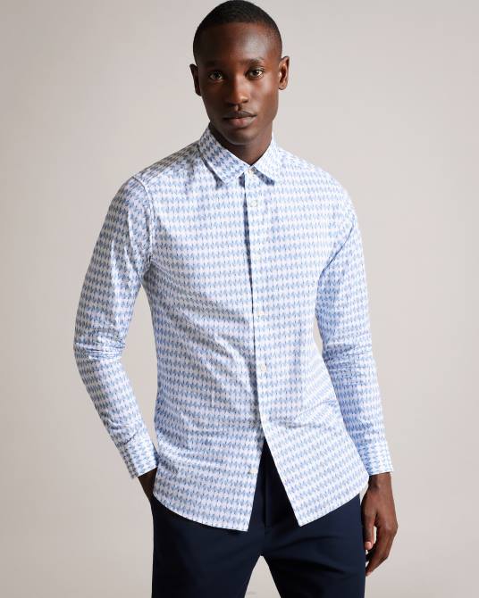 Ted Baker hombres 2ZFP1600 ropa camisa dibbin de manga larga con estampado de hojas geométricas azul pálido
