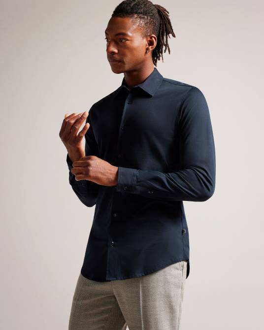 Ted Baker hombres 2ZFP1608 ropa camisa de punto brillante de manga larga marros Armada