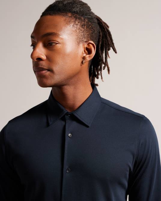 Ted Baker hombres 2ZFP1608 ropa camisa de punto brillante de manga larga marros Armada