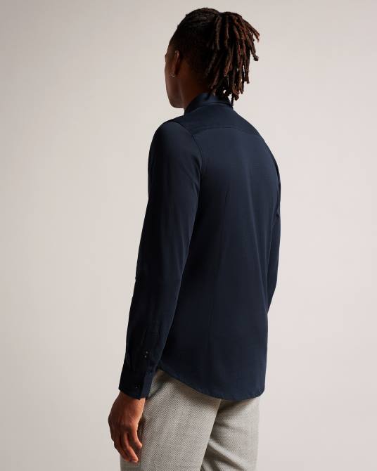 Ted Baker hombres 2ZFP1608 ropa camisa de punto brillante de manga larga marros Armada