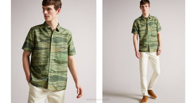 Ted Baker hombres 2ZFP1612 ropa camisa briary de manga corta con estampado de ondas verde claro