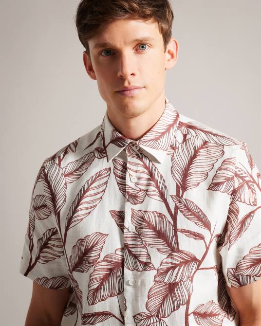 Ted Baker hombres 2ZFP1618 ropa camisa tagus de lino con estampado de hojas y manga corta naranja oscuro