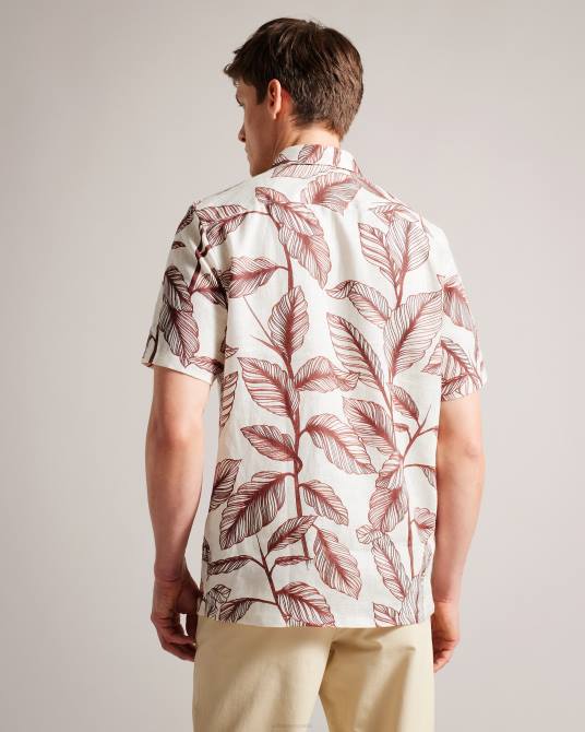 Ted Baker hombres 2ZFP1618 ropa camisa tagus de lino con estampado de hojas y manga corta naranja oscuro