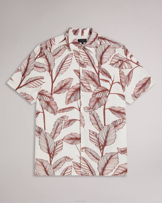 Ted Baker hombres 2ZFP1618 ropa camisa tagus de lino con estampado de hojas y manga corta naranja oscuro