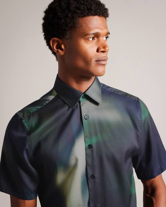 Ted Baker hombres 2ZFP1621 ropa Evesho camisa de manga corta de lyocell con estampado abstracto Armada