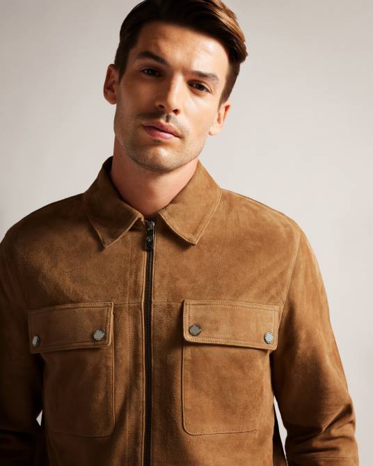 Ted Baker hombres 2ZFP1598 ropa chaqueta de gamuza thierry con cremallera camello